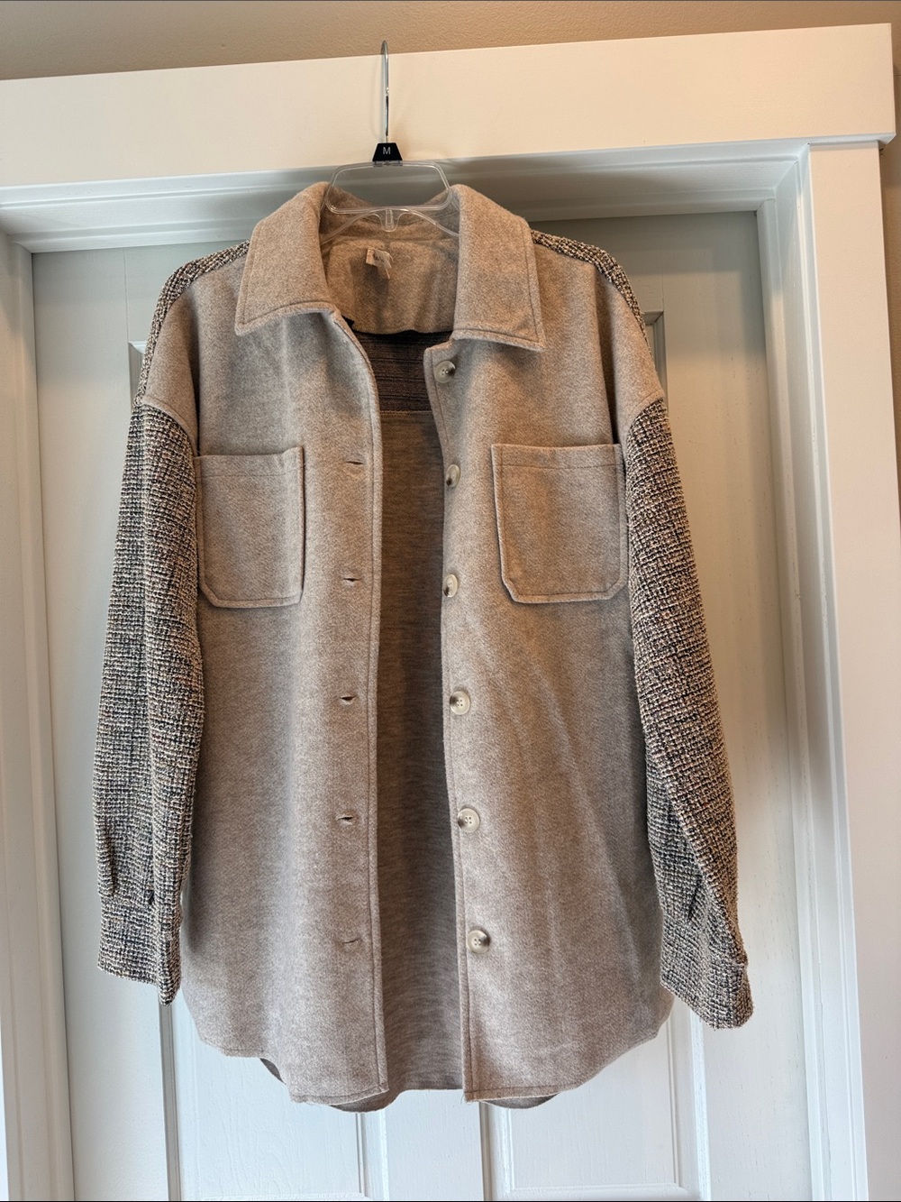 Hem & Thread Beige Jacket with Patterned Gray Sleeves